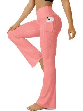 Women's Pink Crossover High Waisted Imported Pull On Flare Bootcut Yoga Pants